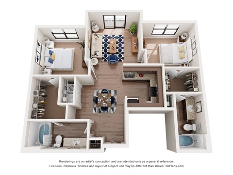 Floor plan for 2 beds, 2 baths, 1037 sqft